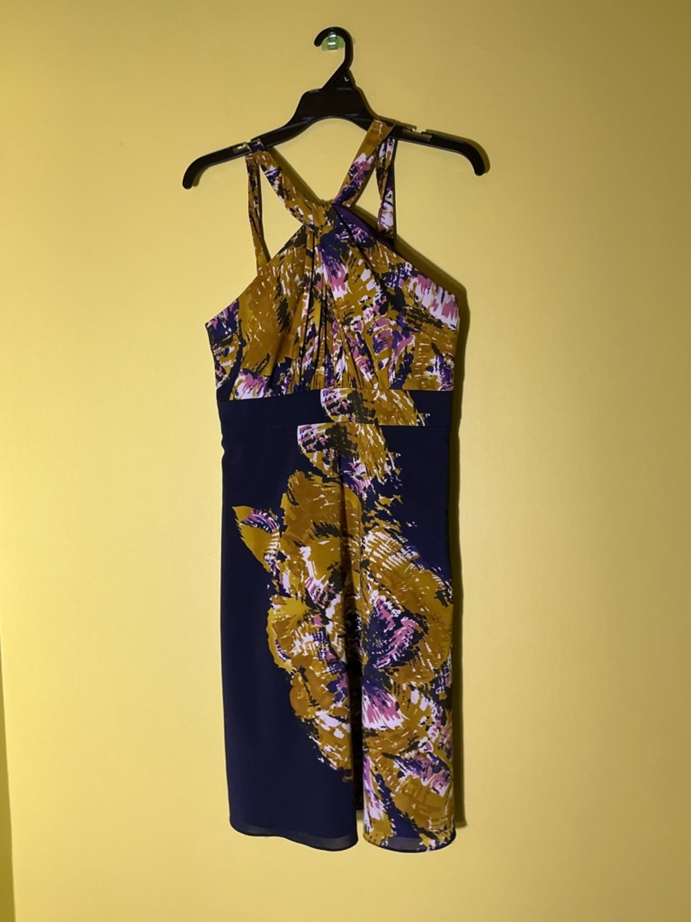 The Limited Faux Halter Plum Purple Mustard Yellow Floral Abstract mini Dress